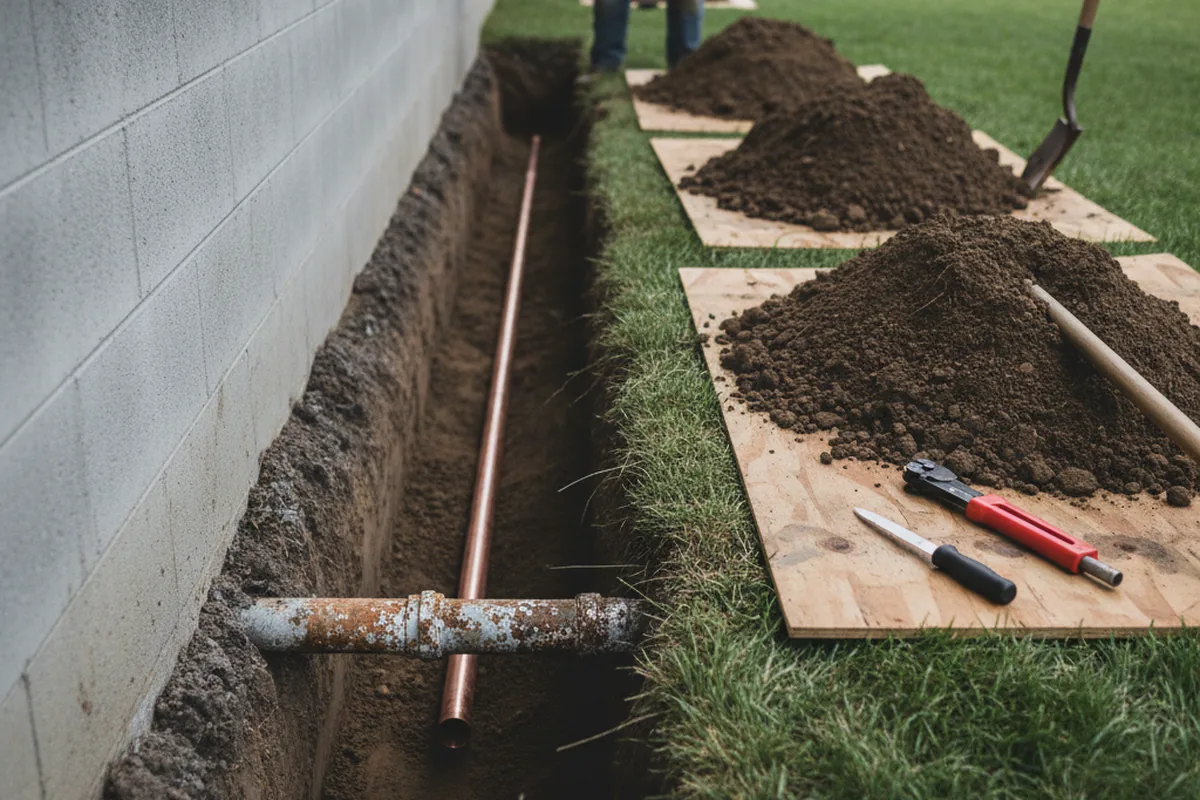 Excavated water line trench during Sewer Line Repair in Kittredge